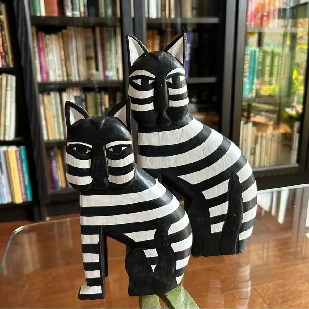 Laurel Burch Style Vintage Pair of Striped Black and White Cat Wooden Figurines